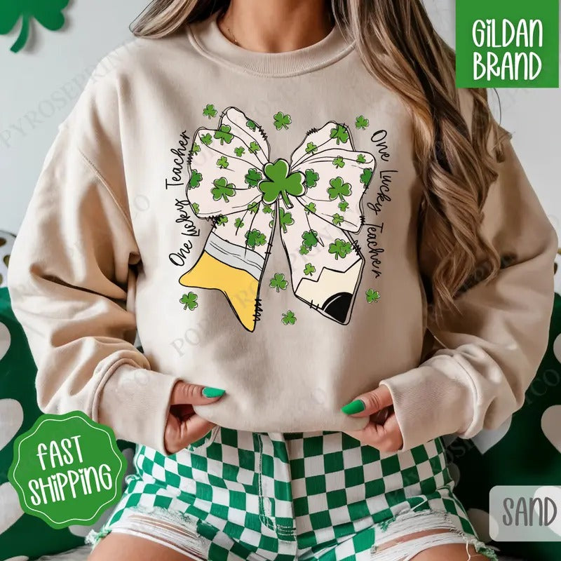 St Patrick Teacher Bow Sweatshirt, St Patrick's Day Crewneck, Cute Women's Sweater T-Shirts, Hoodie | PureTeeCo.com