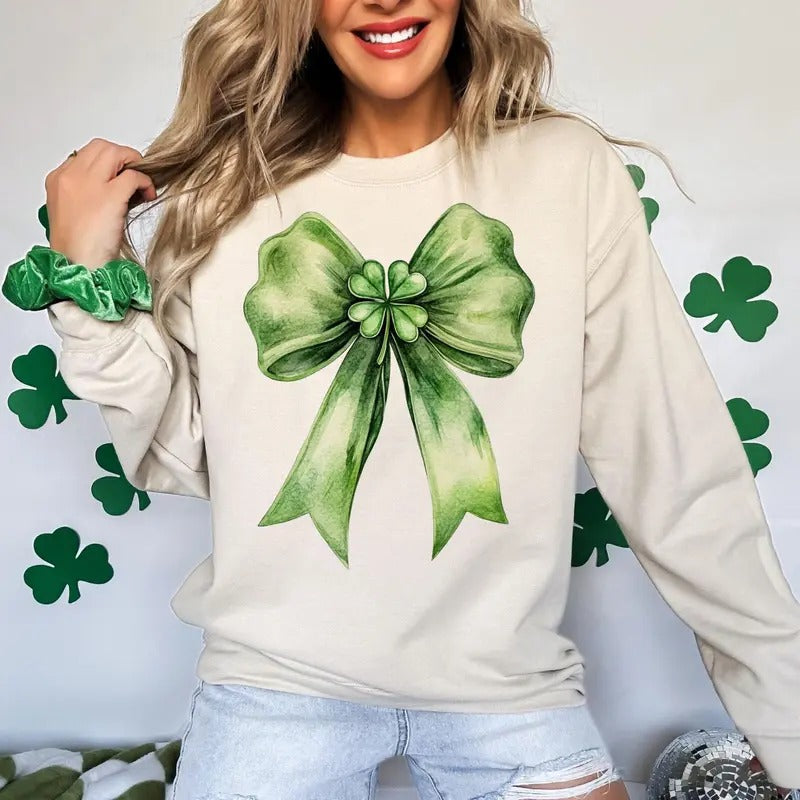 St Patricks Day Green Bow With Shamrock St Patrick's Clipart Lucky Ribbon For Coquette St Patrick's T-Shirts, Hoodie,...