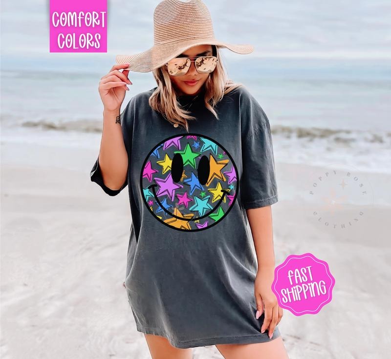 Star Happy Face Shirt Comfort Colors, Women's Graphic Tshirt Hoodie, Sweatshirt | PureTeeCo.com