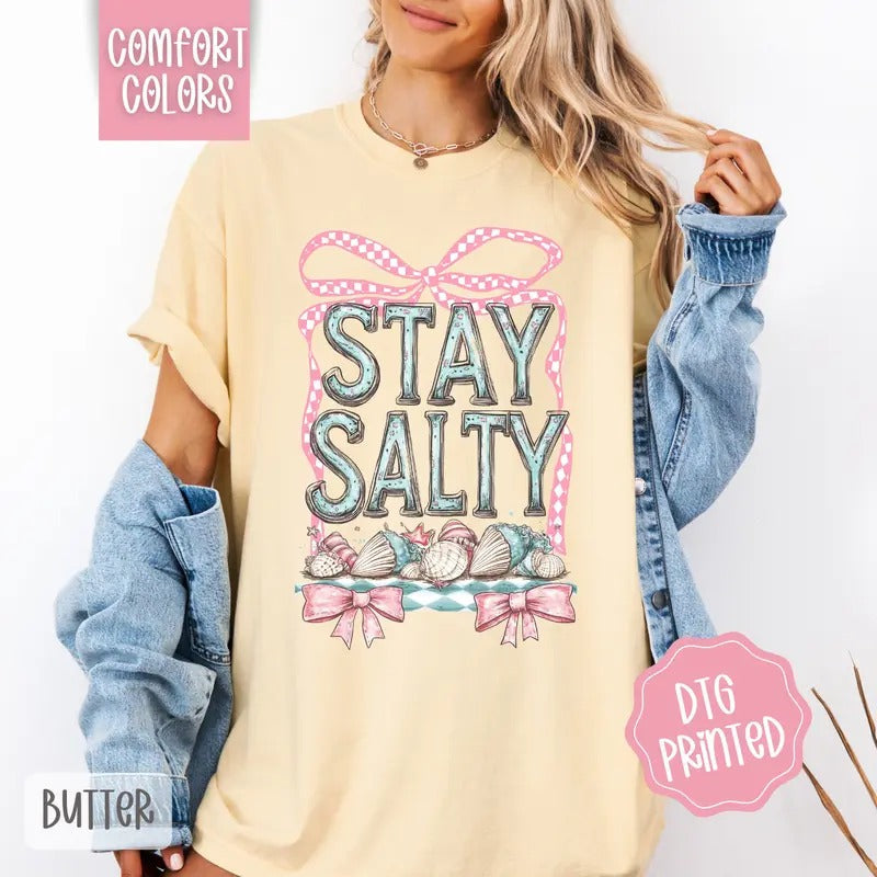 Stay Salty Coquette Comfort Colors Tshirt, Cute Summer Tee, Girly Beach Shirt Hoodie, Sweatshirt | PureTeeCo.com
