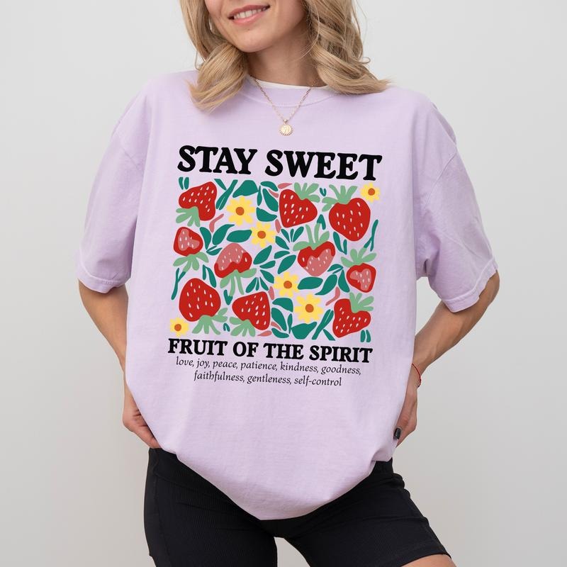 Stay Sweet Comfort Colors Shirt, Fruits of the Spirit T-shirt, Boho Christian Strawberry Graphic Tee, Bible Verse...