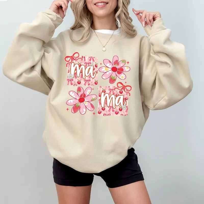 Strawberry Mama Coquette Bow Shirt, Mother's Day Shirt, Mama Strawberry Glitter Shirt, Strawberry Coquette Sweatshirt,...