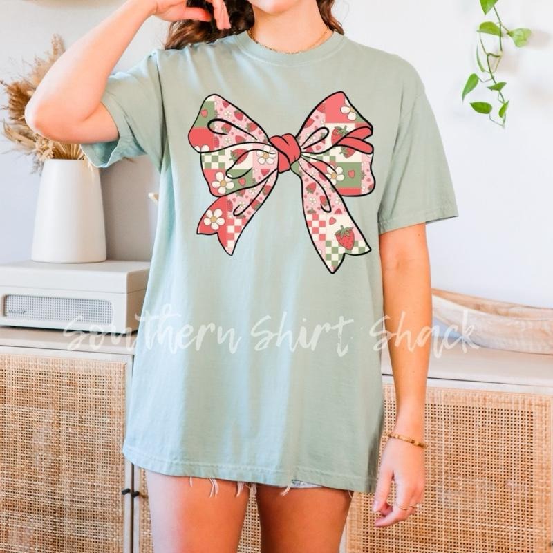 Strawberry Patchwork Bow shirt  | Bay comfort colors t shirt | girly graphic tee | bow t shirt Hoodie, Sweatshirt