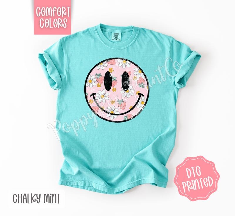 Strawberry Smiley Comfort Colors Shirt, Cute Floral Happy Face Tshirt, Trendy Summer Tee, Gift for Her Hoodie, Sweatshirt
