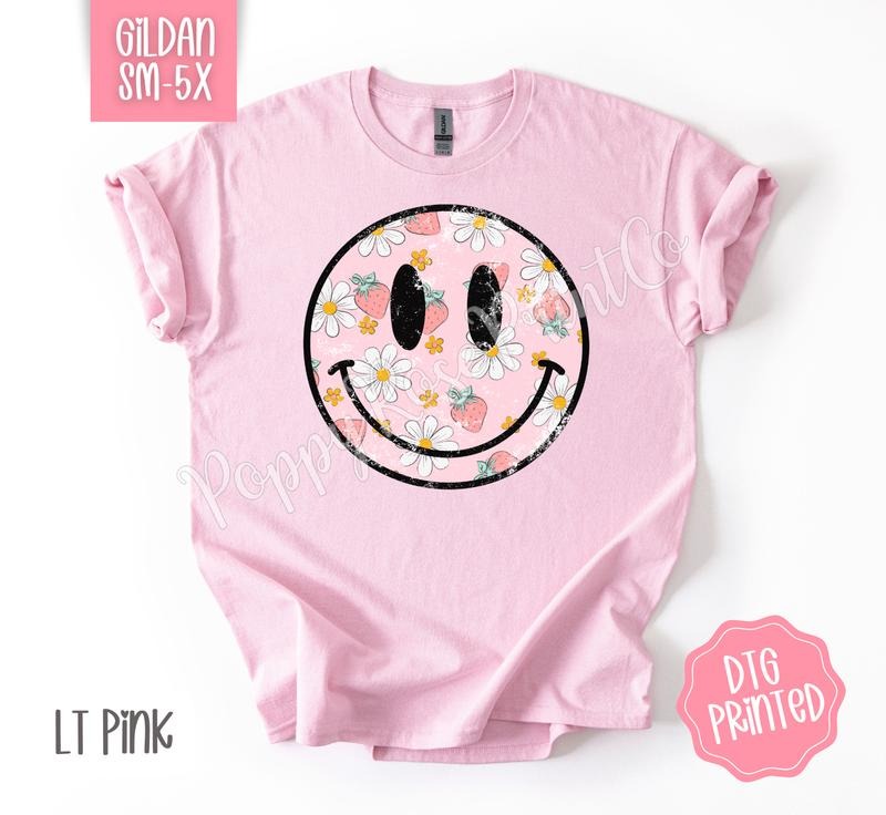 Strawberry Smiley Gildan Shirt, Cute Floral Happy Face Tshirt, Trendy Summer Tee, Gift for Her Hoodie, Sweatshirt