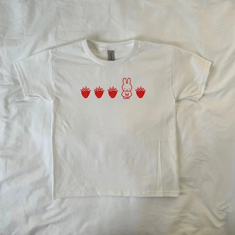 Strawberry bunny Baby Tee, soft girl , y2k, Pinterest ,vintage cartoon, preppy, cute bunny, kawaii, Harajuku Fashion,...