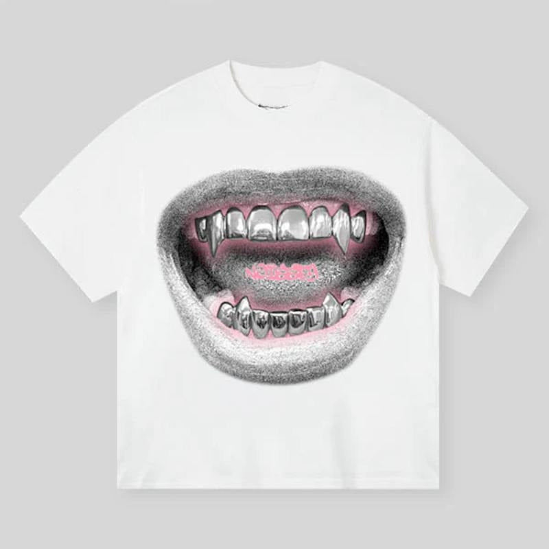 Stylish Sketch Printed Retro Metal Lips T-Shirt, Vintage Graphic Tee, Unisex Cotton Crewneck T-Shirt