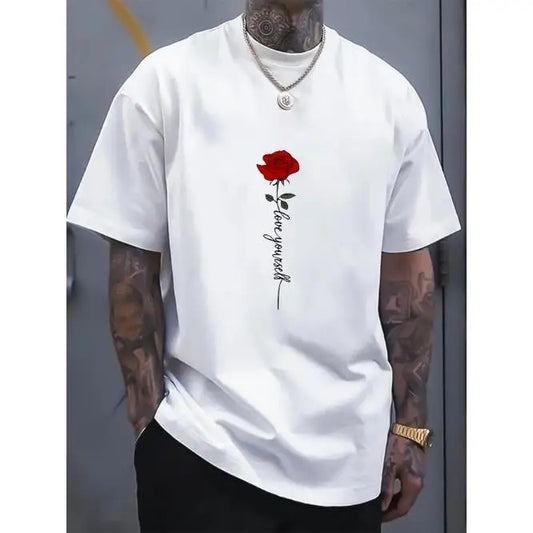 Summer Casual Crew Neck Cotton Tee Shirt for Men - Soft Slight Stretch Fabric, Alphabets Pattern, Machine Washable, Regular Fit, Knit Fabric - Perfect for Hot WeatherMade in USA