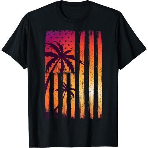 Summer Sunset Palm Trees American Flag Cool Spring Beach T-Shirt Made in USA Hoodie, Sweatshirt | PureTeeCo.com
