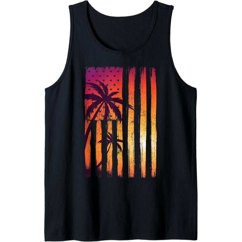 Summer Sunset Palm Trees American Flag Cool Spring Beach Tank Top made in USA T-Shirts, Hoodie, Sweatshirt | PureTeeCo.com