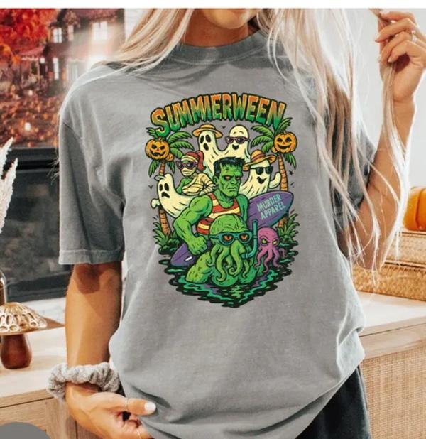 Summerween Shirt, Vintage Spooky Summer Halloween Tee, Funny Halloween Beach Shirt, Creepy Summer Horror Shirt, Retro Halloween Characters