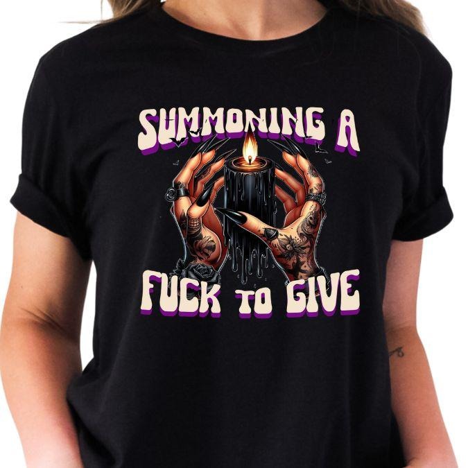 Summong a F7ck to Give Grunge Inspired T-Shirt for Women, Halloween Themed Graphic Tee, Black Candle Shirt with Offensive...