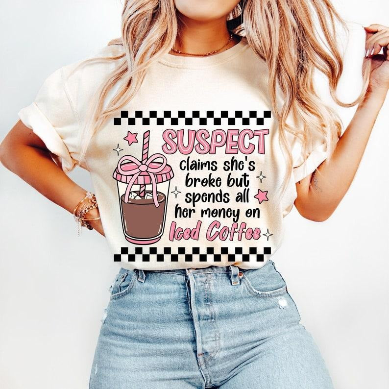 Suspect Claims Iced Coffee, Retro Checkered Sarcastic, Pink Coquette T-shirt Hoodie, Sweatshirt | PureTeeCo.com