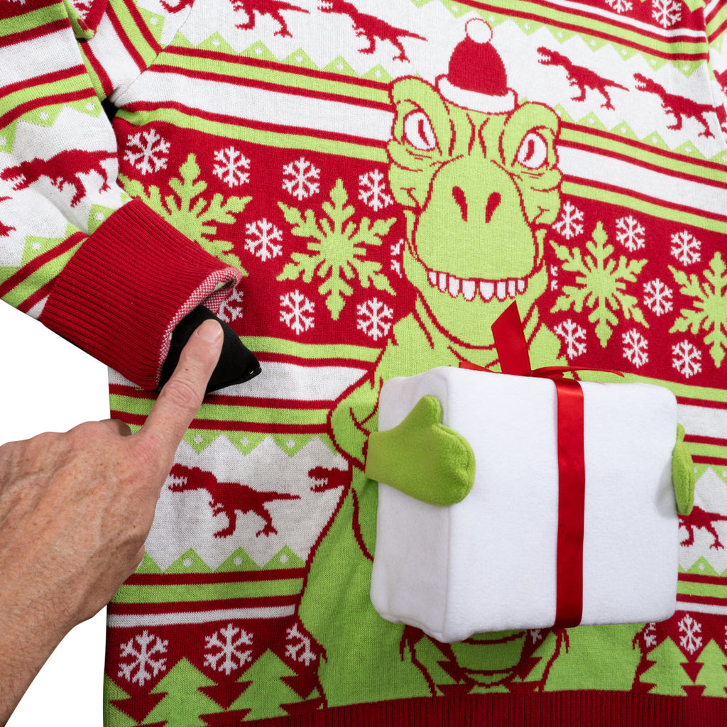 T-Rex Santa Hat 3D Flappy Present Ugly Christmas Sweater