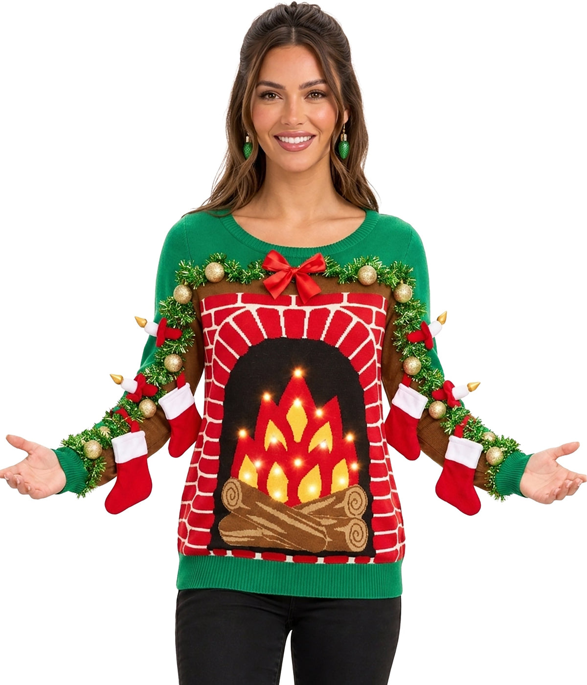 Women's Festive Fireplace Light Up Ugly Christmas Sweater