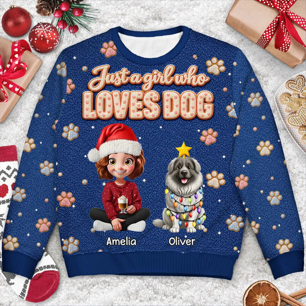 Christmas Gift For Dog Lovers - Personalized Faux Fluffy A Girl Who Loves Dog Unisex Ugly Sweater