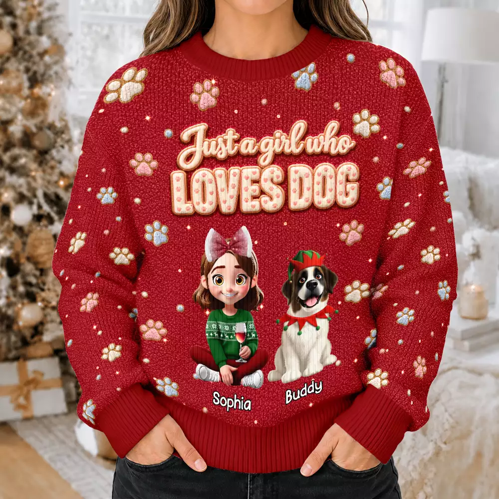 Christmas Gift For Dog Lovers - Personalized Faux Fluffy A Girl Who Loves Dog Unisex Ugly Sweater