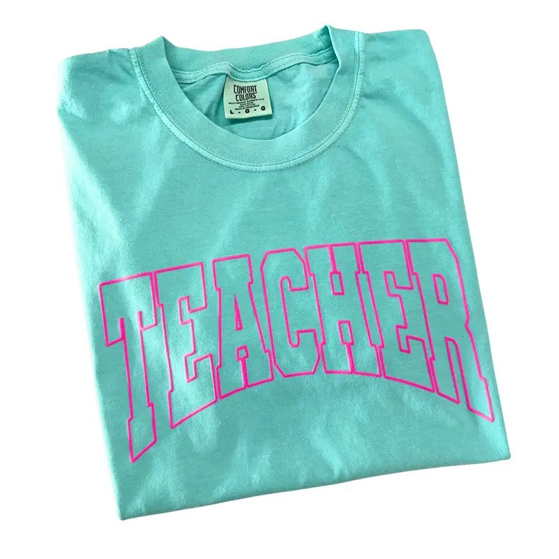 TEACHER Pink Puff Letter Comfort Colors T-Shirt Hoodie, Sweatshirt | PureTeeCo.com