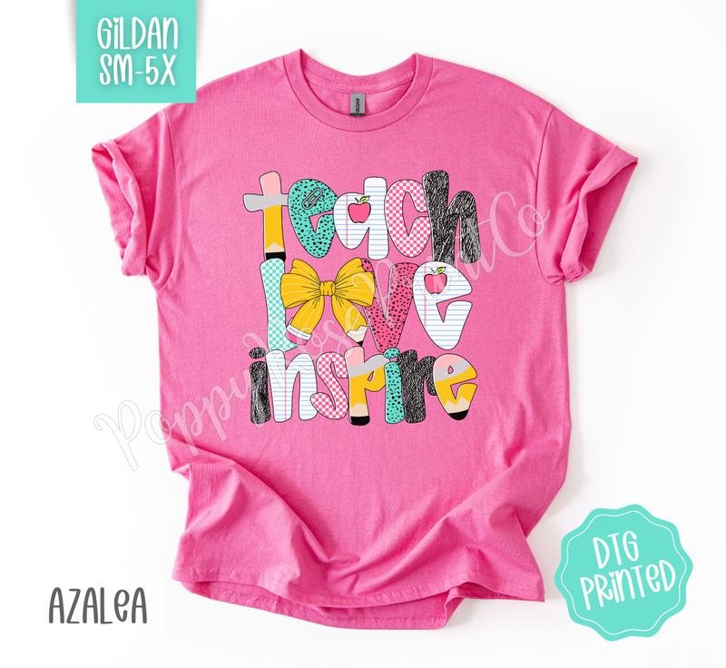 Teach Love Inspire Gildan Shirt, Cute Teacher Tshirt, Trendy Bow Tee, Gift for Her Hoodie, Sweatshirt | PureTeeCo.com