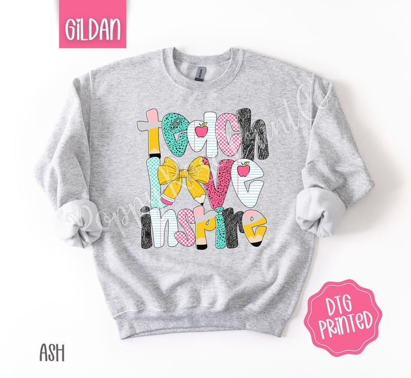 Teach Love Inspire Sweatshirt, Cute Teacher Sweater, Trendy Bow Crewneck, Gift for Her T-Shirts, Hoodie | PureTeeCo.com