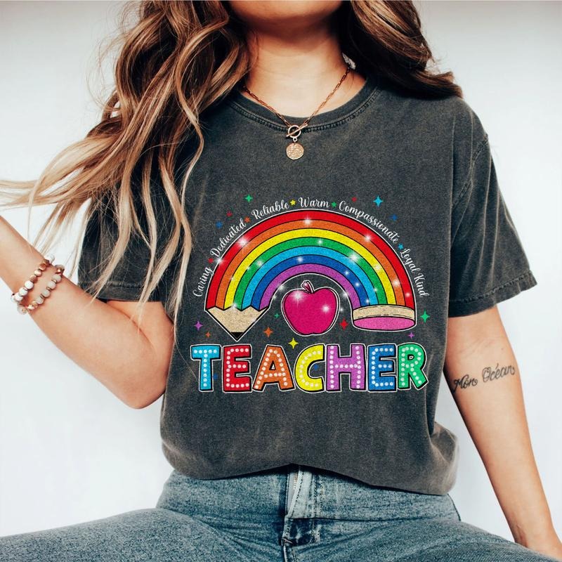 Teacher Rainbow Pencil, Teach Love Inspire, Back to School Teacher Shirt, Teacher Appreciation Shirt, Gifts For Teacher, Retro Comfort Rainbow School Shirt, Kindergarten Teacher, Teacher Shirts, First Day Of School, New Teacher Gift, Women Top