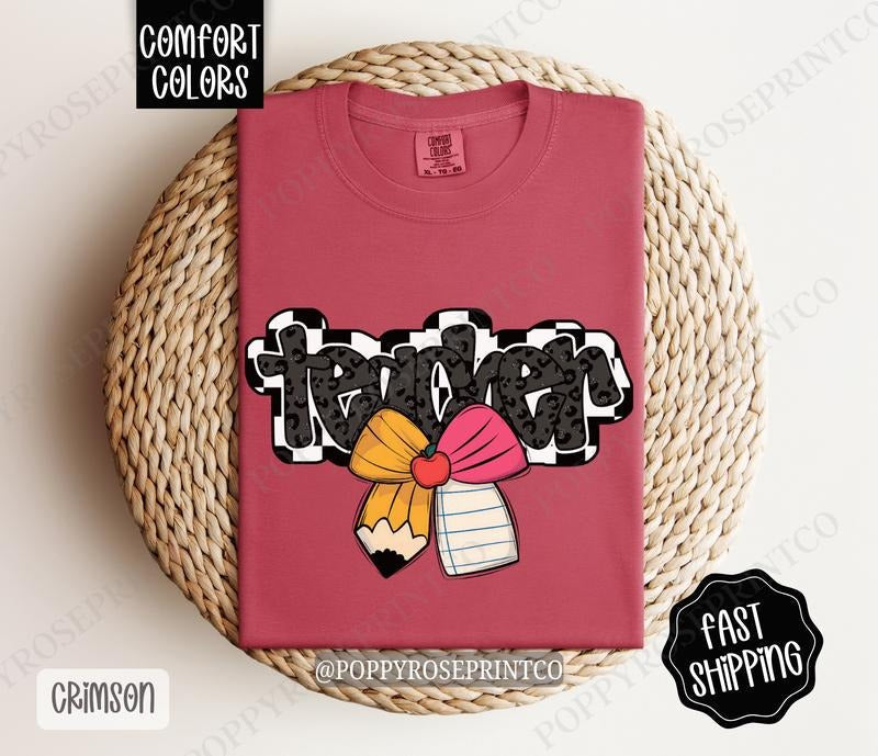 Teacher School Bow Comfort Colors Tshirt, Cute Teacher Apparel, School Gift, Teacher Appreciation, Back to School Shirt,...