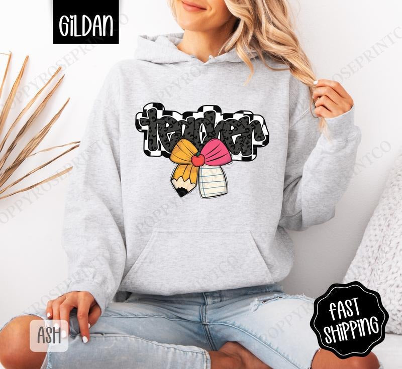 Teacher School Bow Hoodie, Cute Teacher Apparel, School Gift, Teacher Appreciation, Back to School Hoodie, Teacher Hoodie...