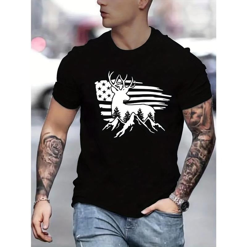 Tees For Men, Deer Antler And US Flag Print T Shirt, Casual Short Sleeve Tshirt For Summer Spring Fall, Tops As Gifts...