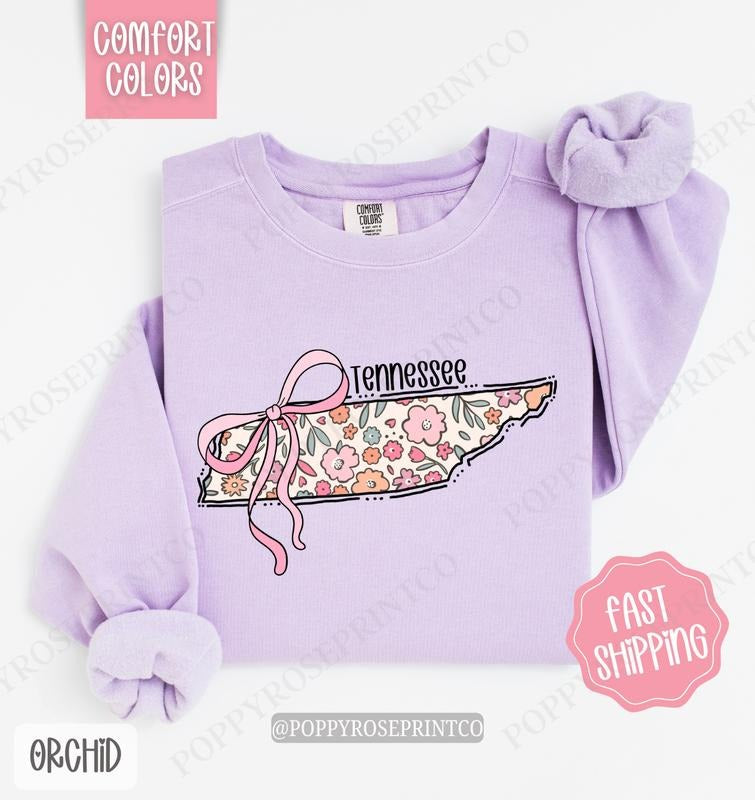 Tennessee Floral Bow Comfort Colors Sweatshirt, Cute Trendy State Coquette Pullover T-Shirts, Hoodie | PureTeeCo.com