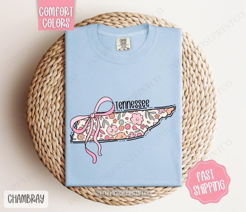 Tennessee Floral Bow Comfort Colors T-shirt, Cute Trendy Tee, State Coquette Oversized Top Hoodie, Sweatshirt | PureTeeCo.com