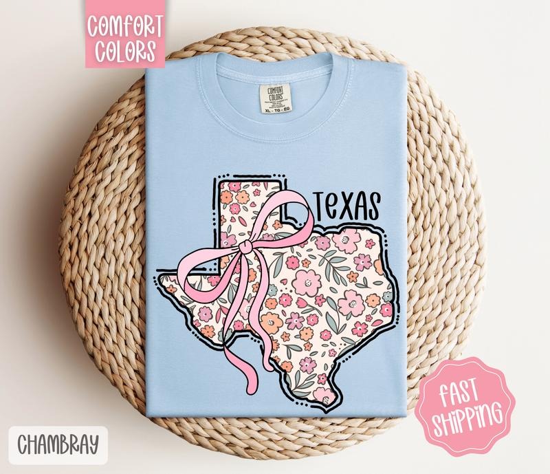 Texas Floral Bow Comfort Colors T-shirt, Cute Trendy Tee, State Coquette Oversized Top Hoodie, Sweatshirt | PureTeeCo.com