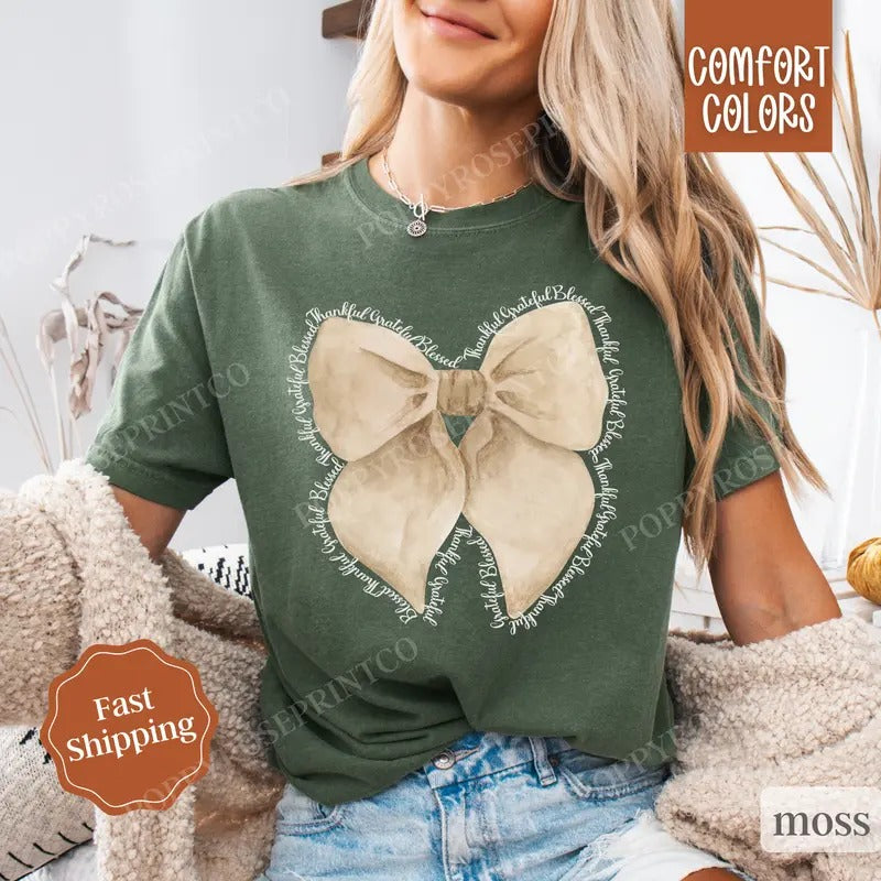 Thankful Bow Shirt Comfort Colors, Coquette Thanksgiving Tshirt,  Women's Fall Tee Hoodie, Sweatshirt | PureTeeCo.com