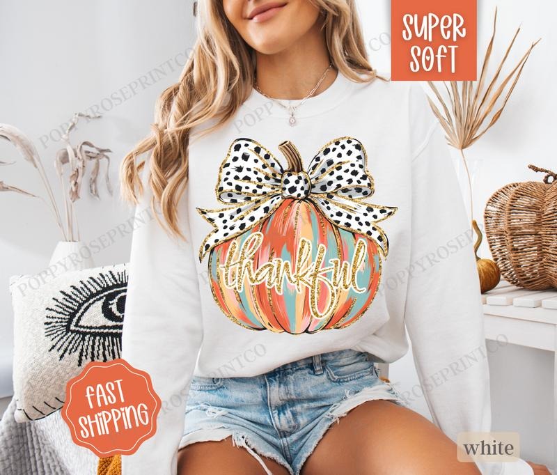 Thankful Pumpkin Sweatshirt, Thanksgiving Sweater, Women's Fall Crewneck T-Shirts, Hoodie | PureTeeCo.com