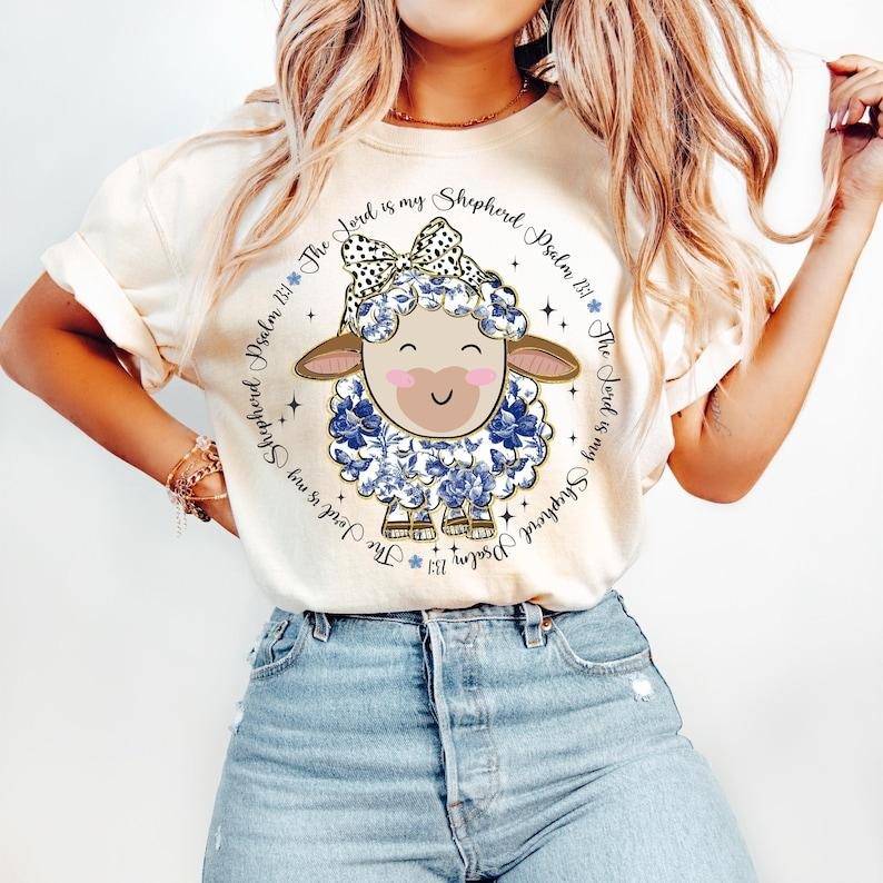 The Lord is my Shepherd, Blue Floral Chinoiserie Lamb, Christian Easter Coquette, Grand Millennial Tshirt Hoodie, Sweatshirt