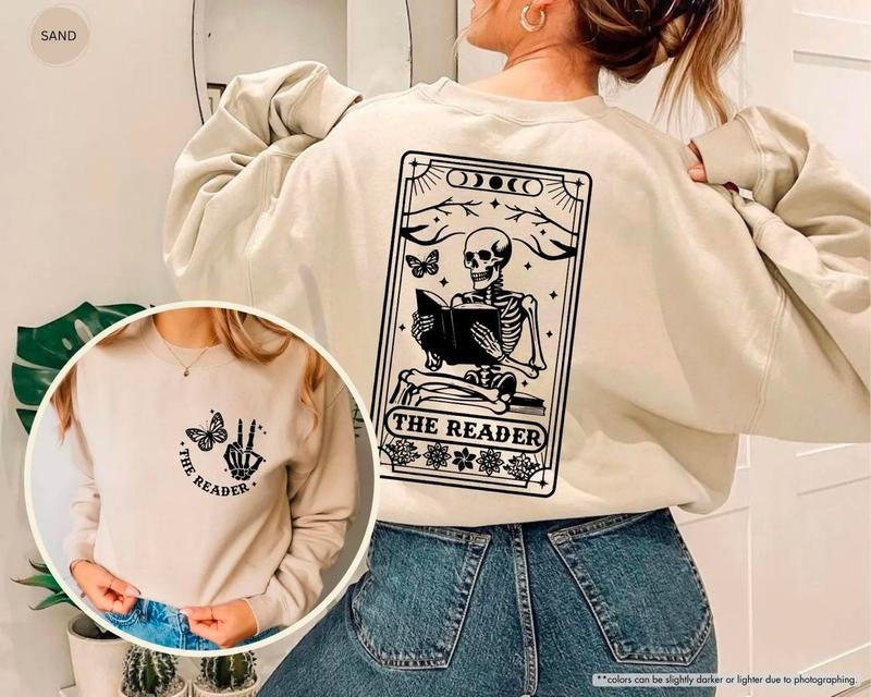 The Reader Tarot Card Hoodie Sweatshirt, Skeleton Reading Shirt, Reading Teacher Sweater, Book Lover Gift, Bookish,...