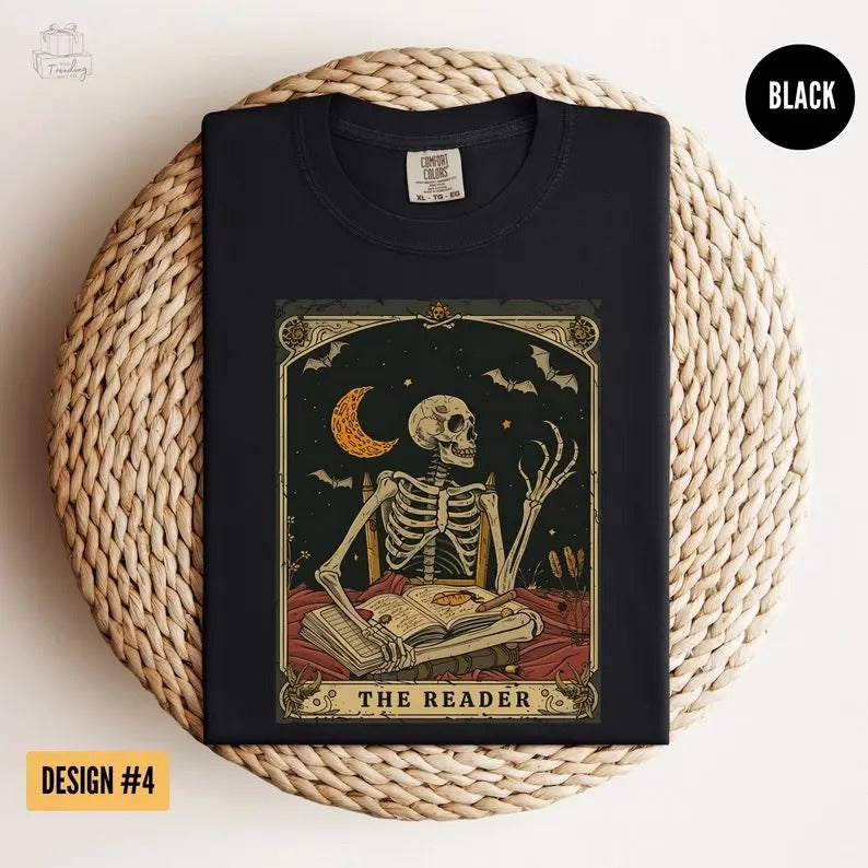 The Reader Tarot Card Shirt, Skeleton Reading T-Shirt, Unisex Tarot Card Shirt, Book Lover Gift, Bookish Gift,Tarot Lover...