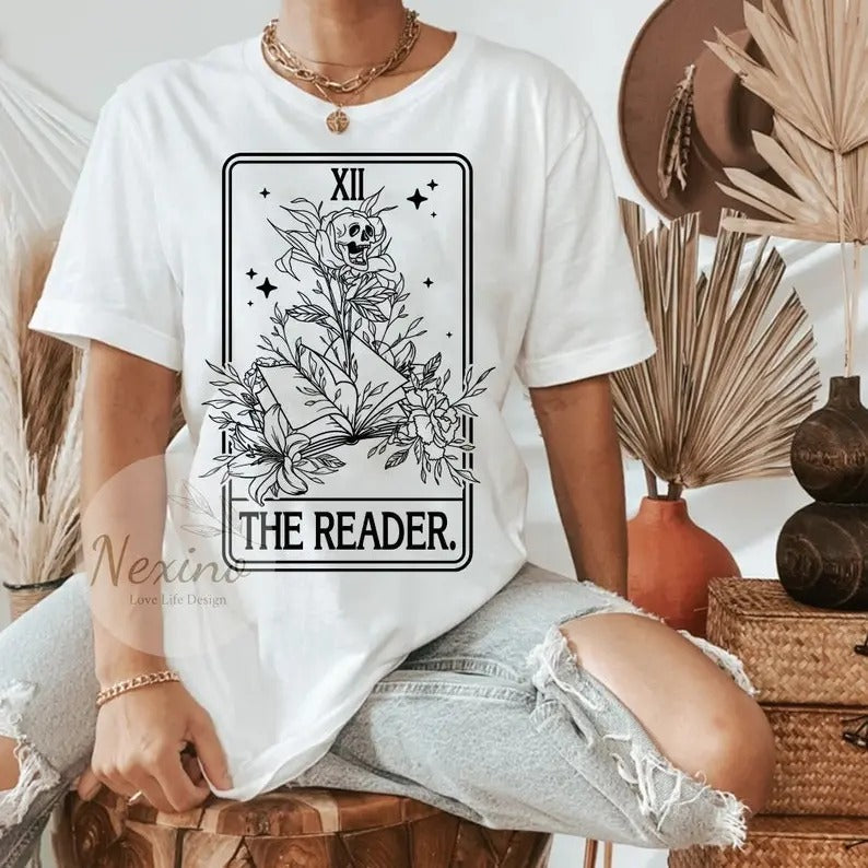 The Reader Tarot Card T-Shirt, Book Tarot Card Shirt, Bookish Shirt, Tarot Skull Gift, Writer Tee, Trendy Shirt Cotton...