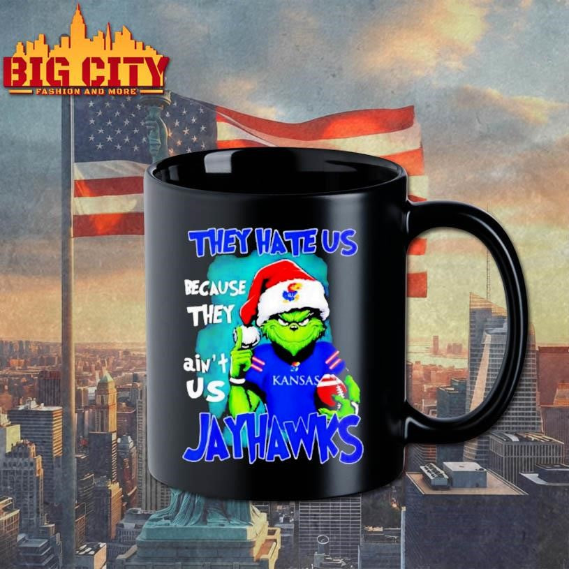 They Hate Us Because They Aint Us Kansas Jayhawks Grinch Wearing Santa Hat Shirt