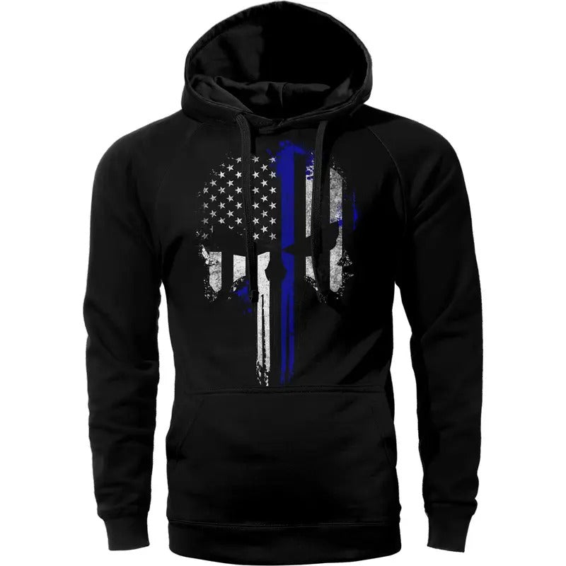 Thin Blue Line Flag Skull Police Hoodie Sweatshirt Cotton Fabric T-Shirts | PureTeeCo.com