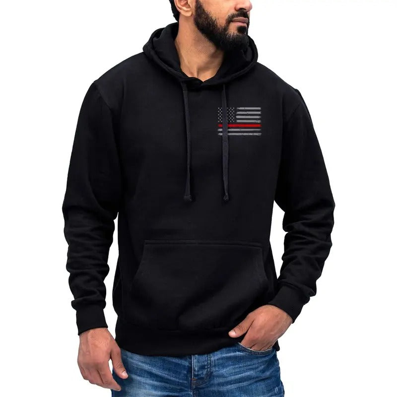 Thin Red Line Flag Left Chest Print US Firefighter Hoodie Sweatshirt Cotton Fabric T-Shirts | PureTeeCo.com