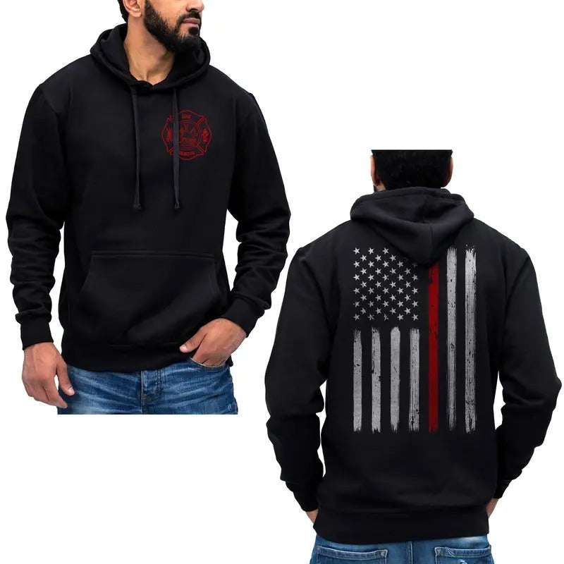 Thin Red Line Flag Vertical Brushed Design US Firefighter Hoodie Sweatshirt Cotton Fabric T-Shirts | PureTeeCo.com