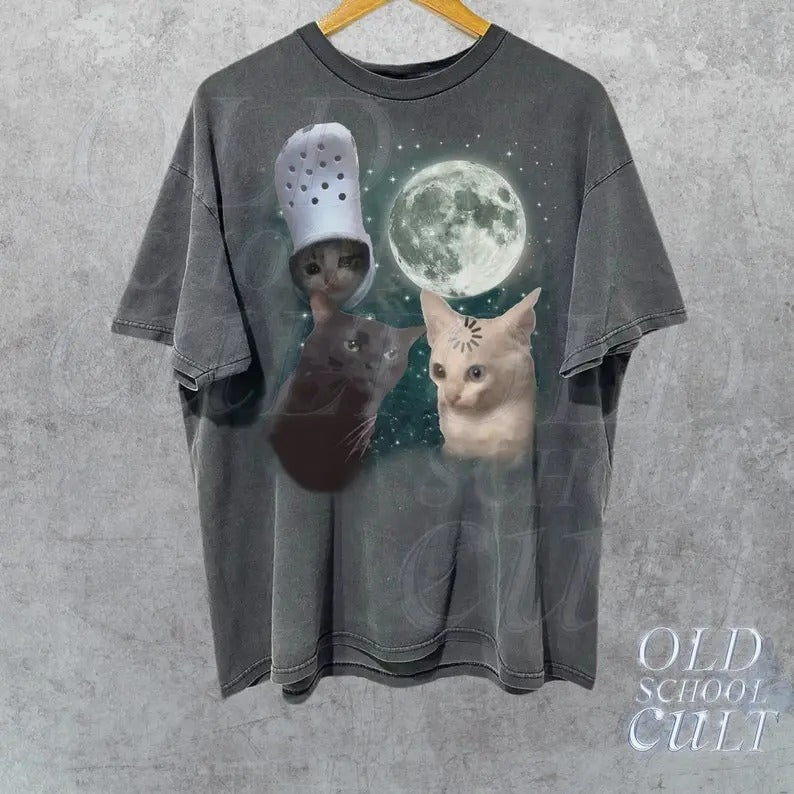 Three Cats Vintage Graphic T-shirts, Retro Cat Moon Tshirt, Cat Lovers, Funny Cat Tee, Oversized Washed Tee, Meme T...