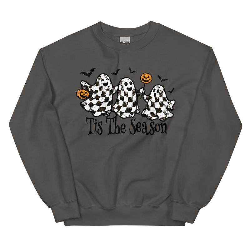 Tis The Season Checkered Ghost Sweatshirt Oversized trendy spooky Crewneck T-Shirts, Hoodie | PureTeeCo.com