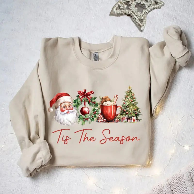 Tis The Season Christmas Sweatshirt, Retro Christmas T-Shirt, Cute Xmas Tree, Trendy Holiday Apparel, Christmas Gift,...
