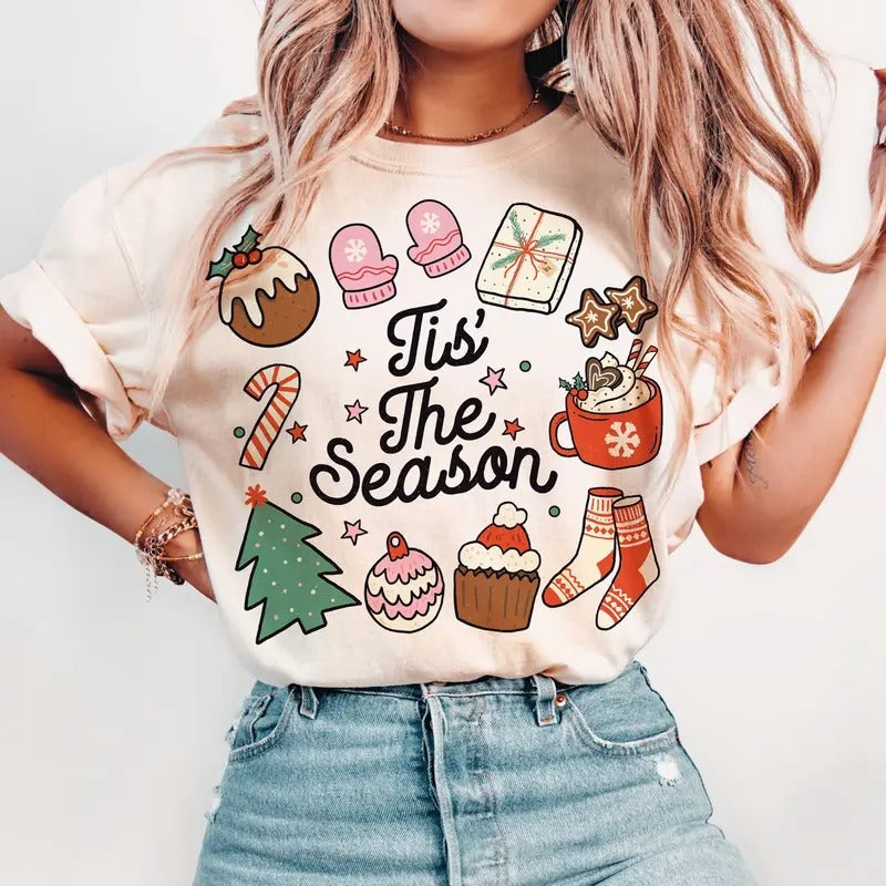 Tis The Season Shirt, Hot Cocoa Christmas Unisex Crewneck Sweatshirt & T-shirt - Cotton Fabric