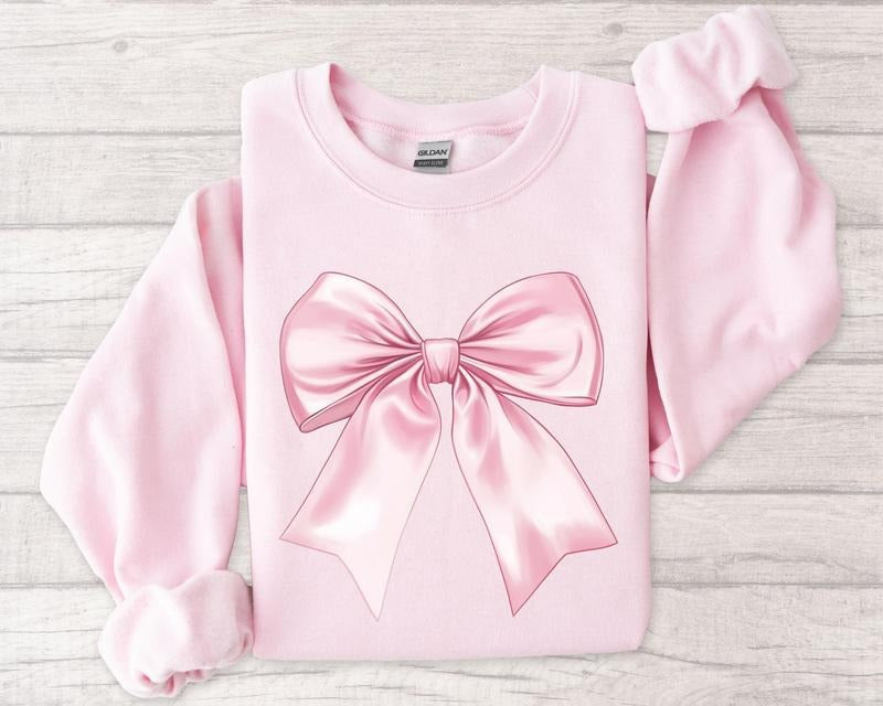 Toile de Jouy Pink Bow Sweatshirt, Coquette Girl Sweatshirt, Feminine Floral Bow Crewneck, Valentine Day Shirt Hoodie