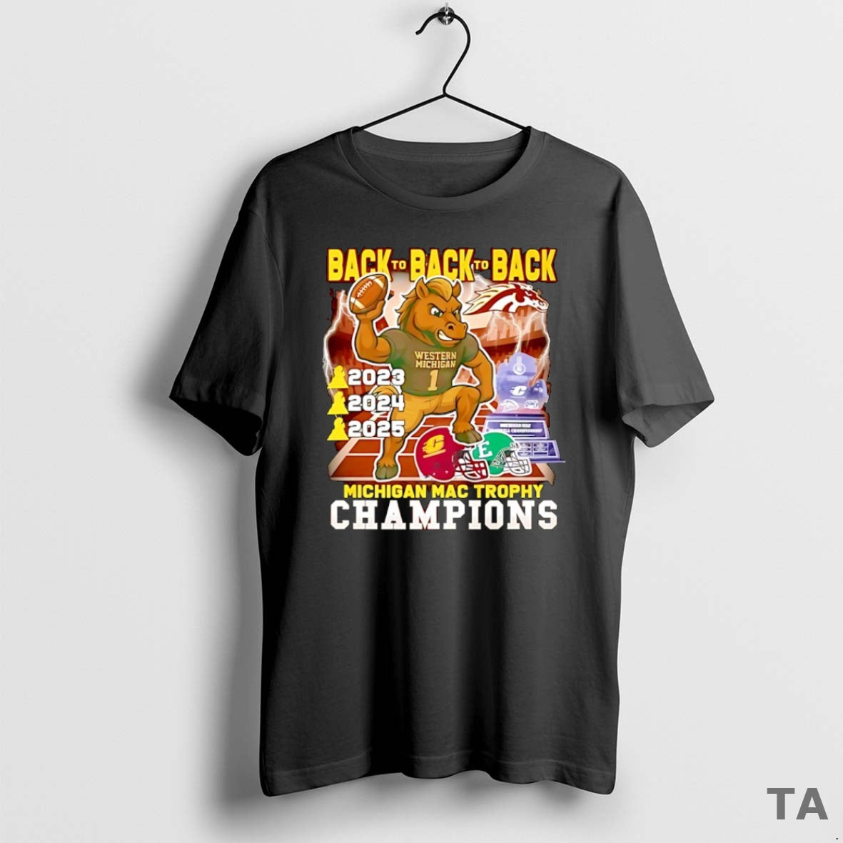 Top Western Michigan Broncos Michigan Mac Trophy Champions 2025 Back2back Mascot T Shirt Sweater Hoodie, Sweatshirt