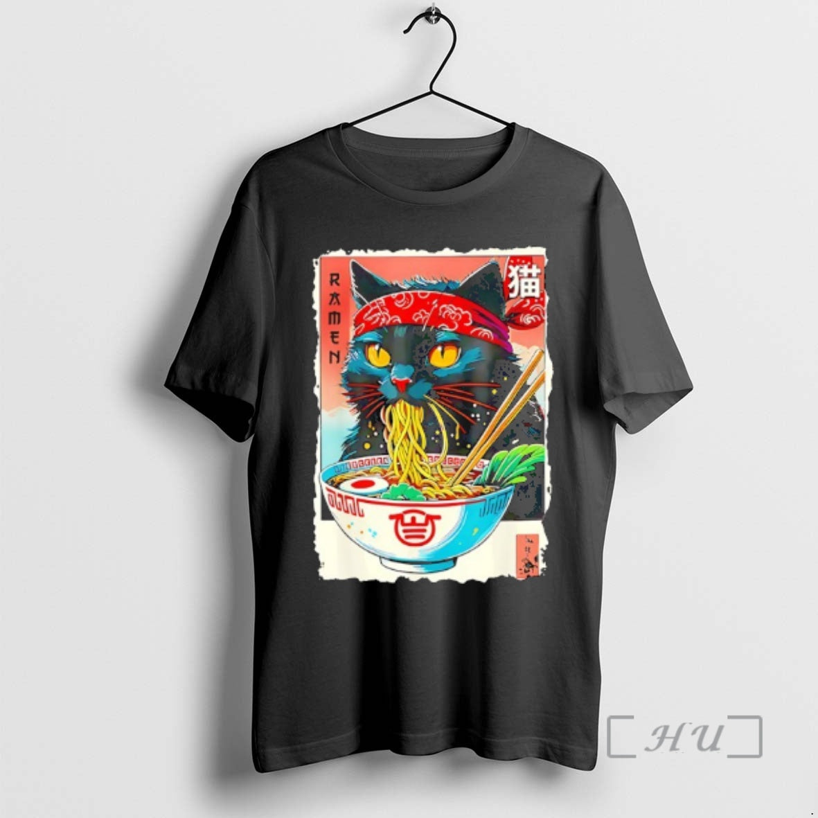 Trending Black Cat Weaing Headband And Eating Ramen Japanese Kawaii T-Shirts, Hoodie, Sweatshirt | PureTeeCo.com
