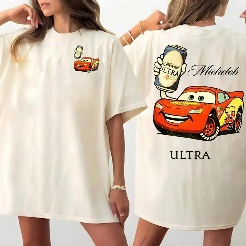 Trending Michel0b Ultra Lightning MC Qu33n Funny Car Unisex Cotton Fitted T-shirt 2 sides, Gift for Beer Lovers, Gift for...