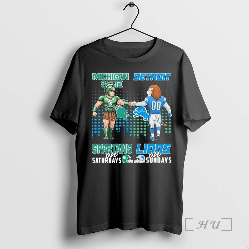 Trending Michigan State Spartans On Saturdays Detroit Lions On Sundays Mascot Premium T Shirts Sweater Hoodie, Sweatshirt